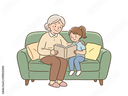 Grandmother and granddaughter reading together on cozy sofa, intergenerational family doodle illustration