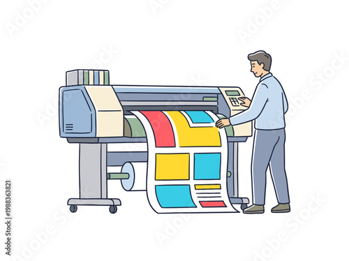 Wide format printing machine operator doodle illustration, professional production workflow and graphic design scene
