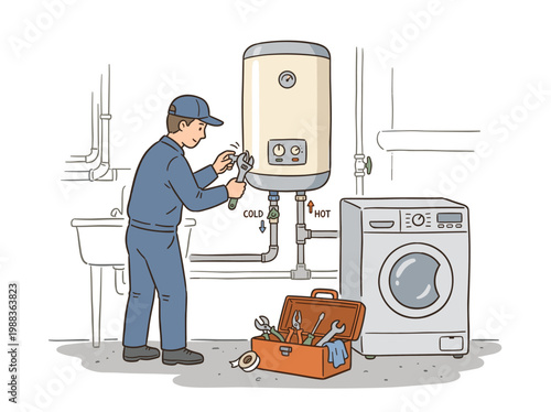 Plumber repairing water heater: professional hand-drawn doodle illustration for home maintenance and service.