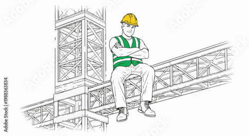 Construction worker in yellow hard hat and green vest sitting on girders