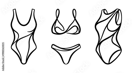 Elegant Black and White Swimsuit Line Art Designs for Summer.