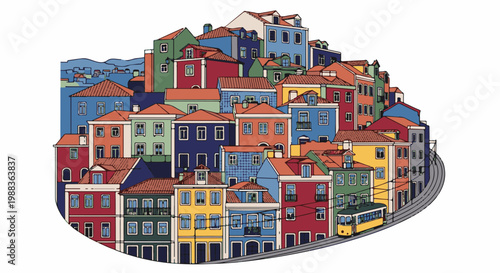 Colorful buildings ascend a hill, with a vintage tram on a winding road