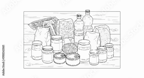 Collection of groceries including pasta, grains, jars, cans, and bottles arranged