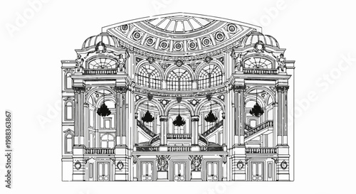 Grand opera house interior with sweeping staircases and ornate dome