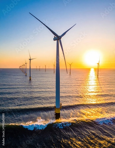 offshore wind farm with giant turbines in ocean at sunset, renewable energy production, sustainable power generation, climate action and green transition