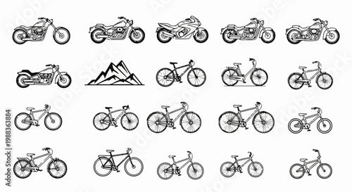 Collection of diverse motorcycles and bicycles in sketch style