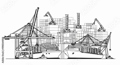 Busy cargo port with ships, cranes, and containers being loaded and unloaded