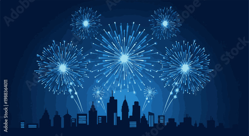 Blue fireworks explode over a dark city skyline at night