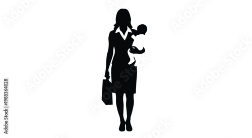 Professional businesswoman entrepreneur holding baby with briefcase walking in modern urban setting