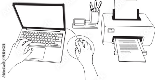 Hands on desk with laptop mouse and printer computer keyboard