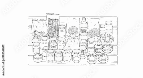 Assortment of preserved foods in jars and bags on a wooden surface