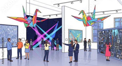 Modern Art Gallery Exhibition with Colorful Sculptures and Visitors.