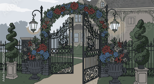 Ornate garden gate with floral arch leads to grand house, illuminated by gas lamps