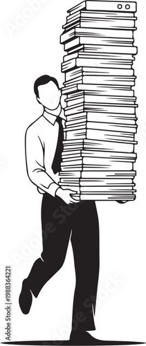 Man carrying large stack of papers and computer tower