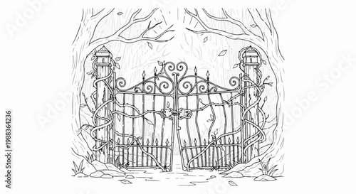 Ornate iron gate overgrown with vines, framed by trees