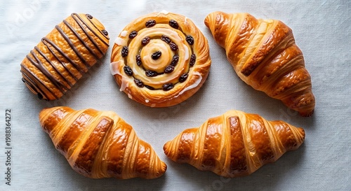 An assortment of freshly baked croissants and a spiral pastry are arranged on a surface