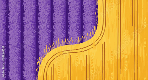 Abstract fields of vibrant purple flowers and golden wheat under a textured sky