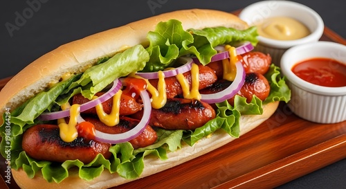 A grilled sausage sandwich with lettuce, onion, and mustard on a wooden board with ketchup and sauce