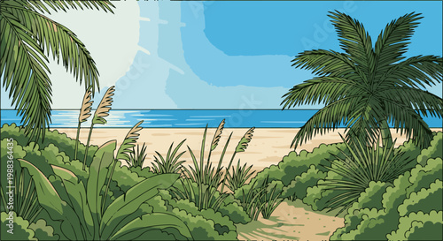 A tropical beach scene with palm trees, lush greenery, and calm ocean waves