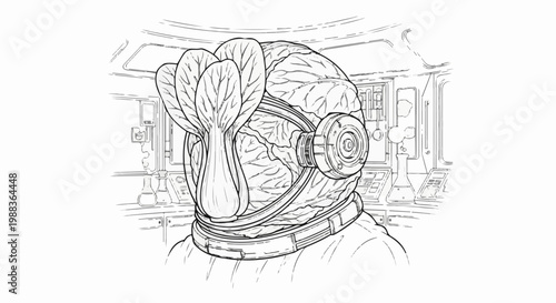 A surreal portrait of a person wearing a cabbage head in a laboratory