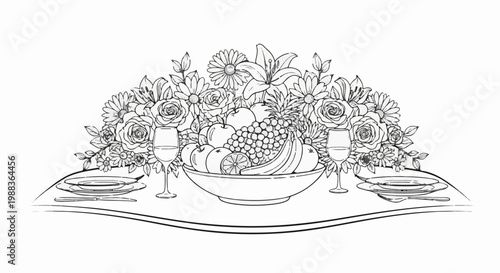 A table setting with a fruit bowl, flowers, and wine glasses