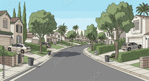 A suburban street lined with houses and trees, featuring cars and sidewalks