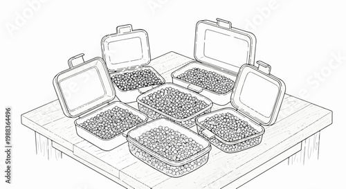 Six open containers filled with round objects, arranged on a wooden table