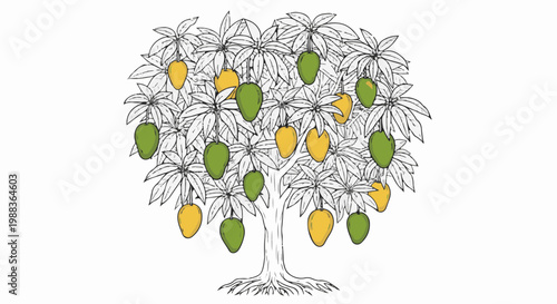 Stylized sketch of a mature tree laden with ripe and unripe fruit