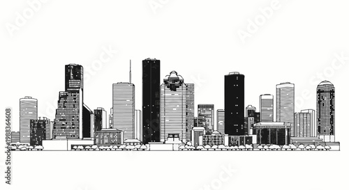 A monochromatic sketch of an urban skyline with varied building heights