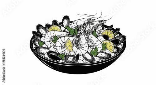 A meticulously drawn black and white illustration of a seafood platter