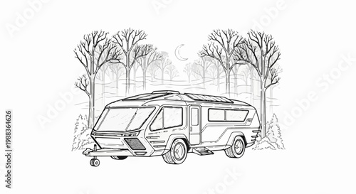 A line drawing of a recreational vehicle parked amidst bare trees under a crescent moon