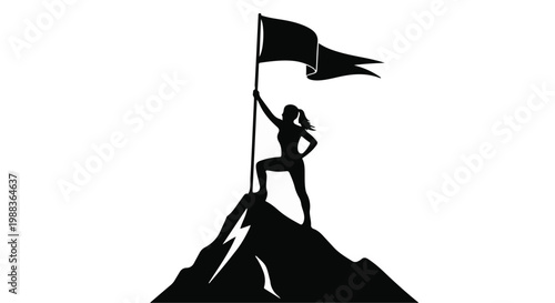 Successful woman standing on mountain peak holding flag, symbolizing achievement and victory in business and career, with a sense of freedom and empowerment