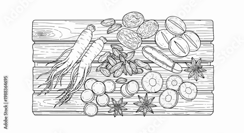 A hand-drawn illustration of various dried fruits and roots on a wooden board