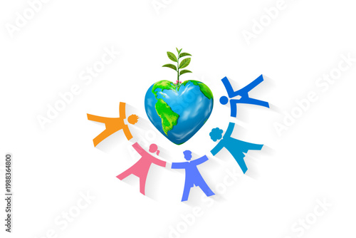 Earth care promotional awareness concept. Heart-shaped Earth: A group of people loving caring for a heart-shaped Earth and planting a green tree.