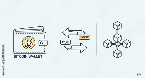 Bitcoin wallet and blockchain network diagram.