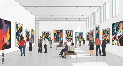 Modern Art Gallery Exhibition with Visitors Viewing Paintings.