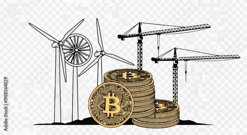 Windmills, cranes, and stacks of bitcoins symbolize renewable energy and digital currency