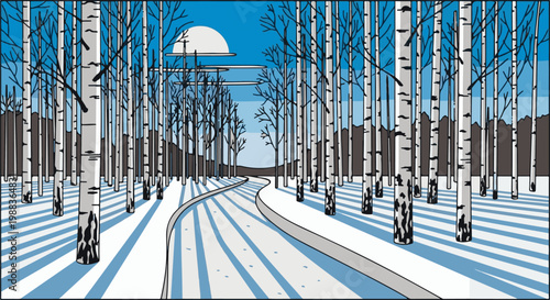 Winter birch forest with winding path and moonlit sky