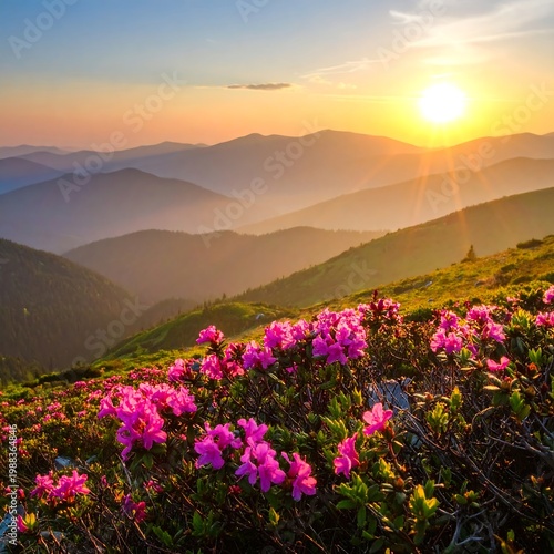 Golden sun sets behind misty, flower-covered mountain peaks
