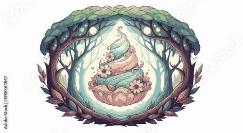 Whimsical dessert framed by enchanted forest trees with glowing orbs
