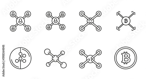 Set of Bitcoin and network connection icons in outline style.