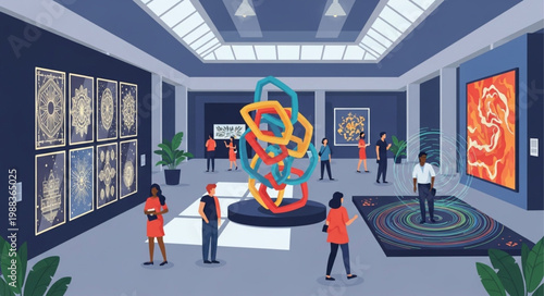 Modern Art Gallery Exhibition with Visitors Viewing Sculptures and Paintings.