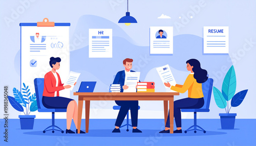 Recruitment and Hiring Concept Vector Illustration, HR Team Reviewing Resumes, Job Interview Corporate Scene