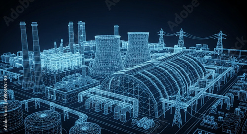 Digital blueprint of a modern industrial power plant complex.