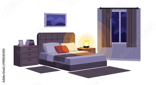 A cozy bedroom with a bed, nightstand, and window at night