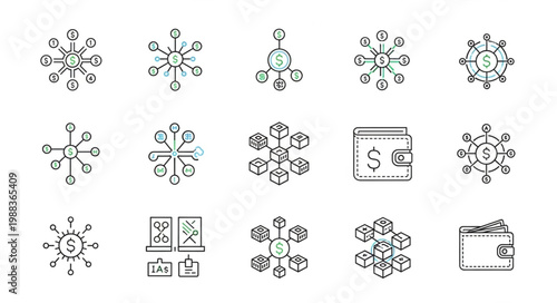 Digital currency wallet and network icons.