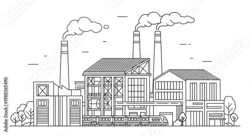 Industrial factory with smoking chimneys in a line drawing style.
