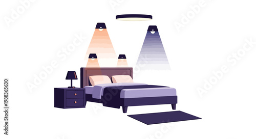 A modern bedroom with a bed, nightstand, and lamps providing warm and cool lighting