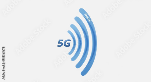 Abstract blue 5G signal waves radiating outwards on a white background.
