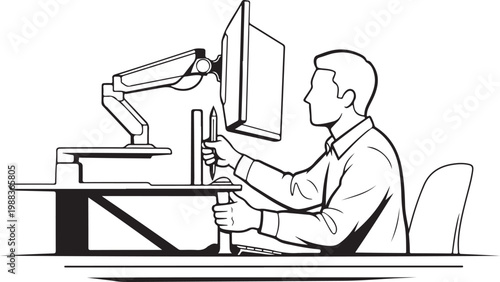 Man sitting at desk with ergonomic monitor and stretching